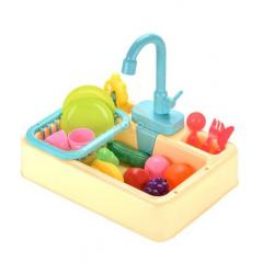 Žaislinė virtuvės kriauklė su indais ir bėgančiu vandeniu Mega Creative geltona