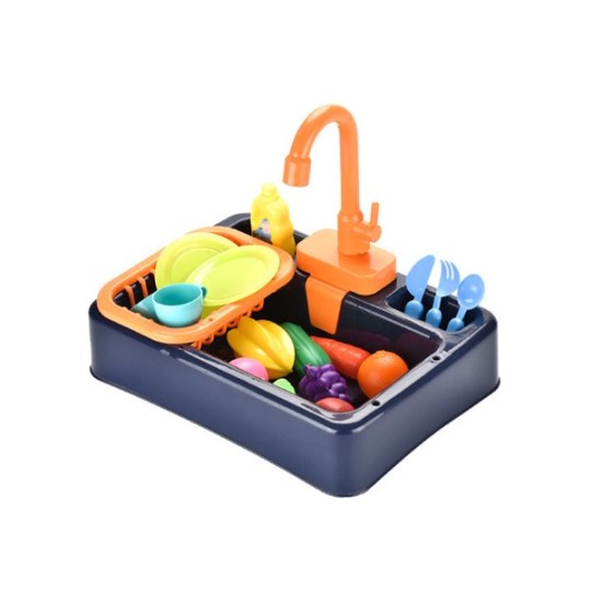 Žaislinė virtuvės kriauklė su indais ir bėgančiu vandeniu Mega Creative mėlyna