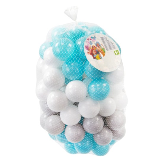 100 vnt. spalvotų plastikinių kamuoliukų 6 cm. balti-mėlyni