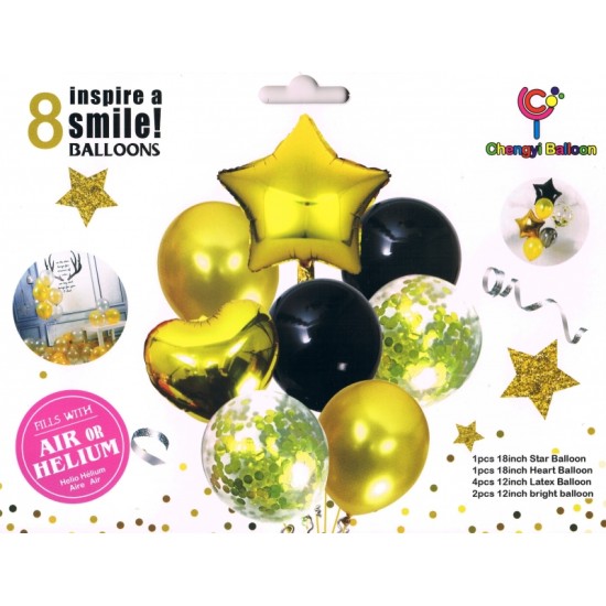 Šventiniai balionai, 8 vnt., 30-46 cm., juoda-geltona
