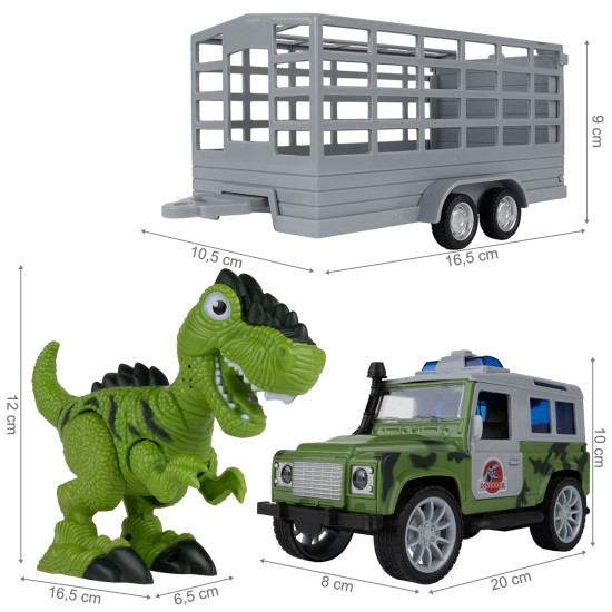 JEEP automobilis su priekaba ir dinozauru