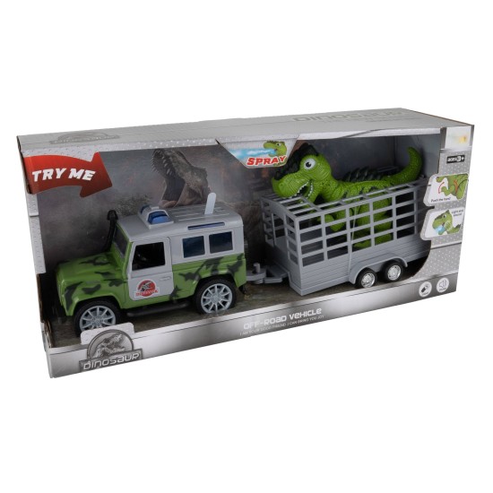 JEEP automobilis su priekaba ir dinozauru