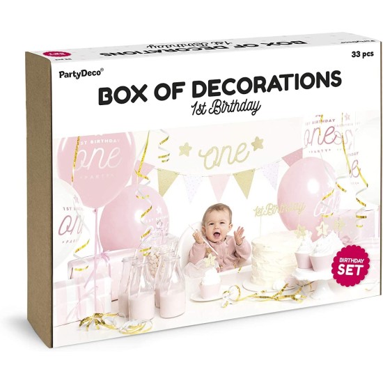 Švenčių dekoracijos rožinės - aukso spalvos, 1-ojo gimtadienio rinkinys