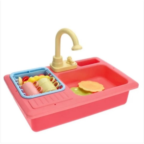 Žaislinė virtuvės kriauklė su indais ir bėgančiu vandeniu Rožinė