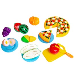 Žaislinės pjaustomos daržovės, vaisiai ir pica dėžutėje