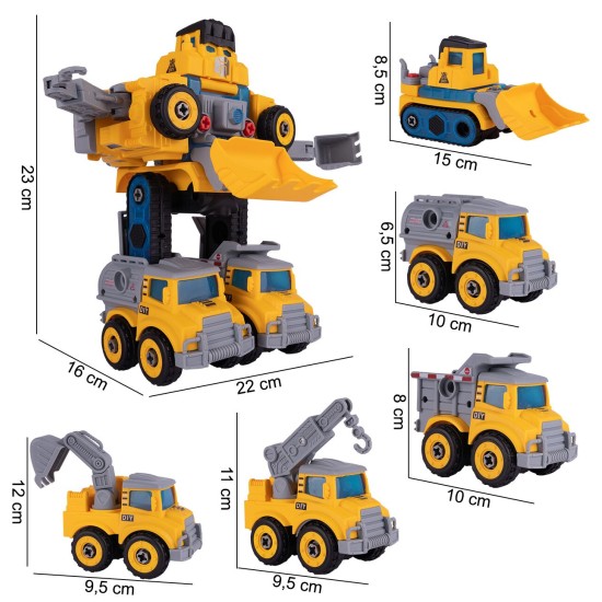Robotas transformuojasi į statybinius automobilius 5 vnt.