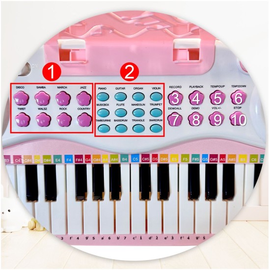 Vaikiškas pianinas  -sintezatorius su mikrofonu ir kėdute - rožinis Music