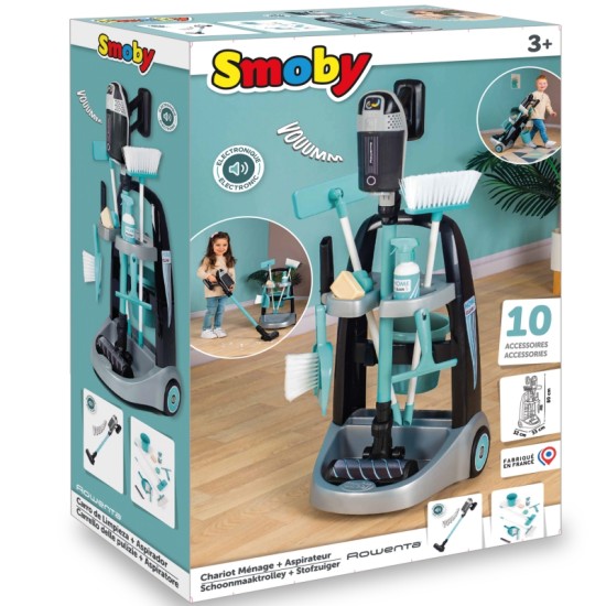 Smoby Švaros Vežimėlis ant ratų su 9 priedais-valymo priemonės Rowenta