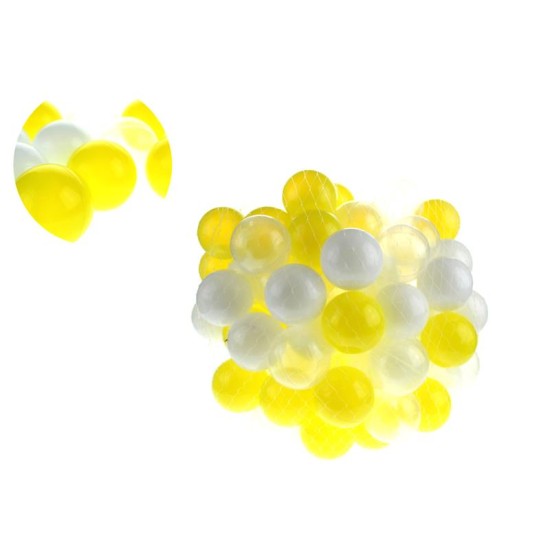 100 vnt. spalvotų plastikinių kamuoliukų 5.5 cm. balti - geltoni