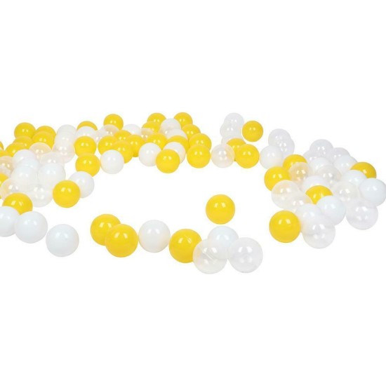 100 vnt. spalvotų plastikinių kamuoliukų 5.5 cm. balti - geltoni