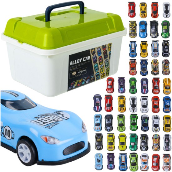 50 motorizuotų žaislinių automobilių rinkinys lagamine