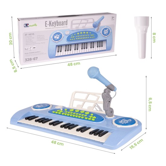 Vaikiškas pianinas 37 klavišų su mikrofonu, mėlynas, USB, MP3