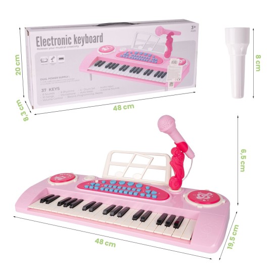 Vaikiškas pianinas 37 klavišų su mikrofonu, rožinis, USB, MP3