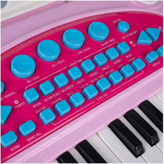 Vaikiškas pianinas 37 klavišų su mikrofonu, rožinis, USB, MP3