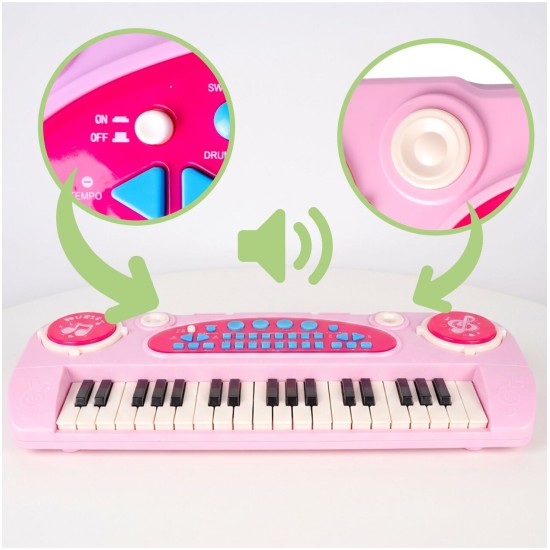 Vaikiškas pianinas 37 klavišų su mikrofonu, rožinis, USB, MP3