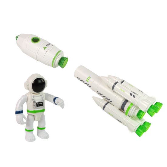 Kosminė raketa su kosmonautu ir dūmų ir šviesos efektais