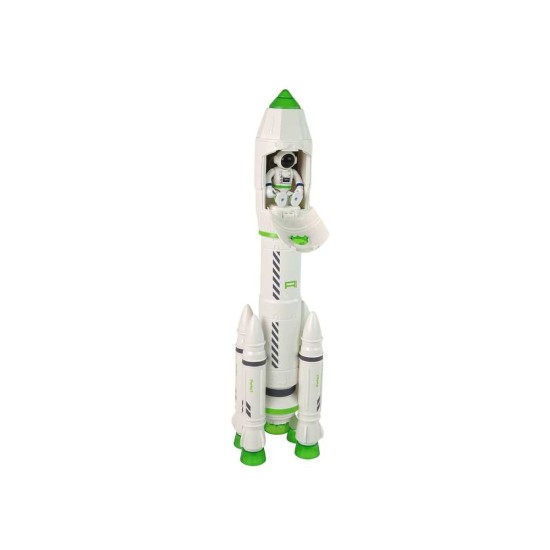 Kosminė raketa su kosmonautu ir dūmų ir šviesos efektais