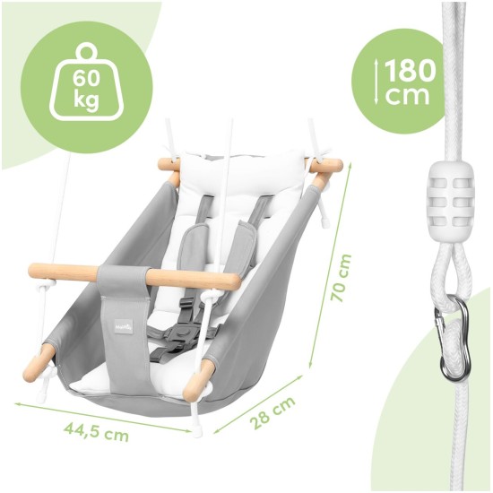 Vaikiškos medvilninės sūpynės su pagalvėlėmis ir dirželiais 12–36 mėn. iki 60 kg – pilkai baltos