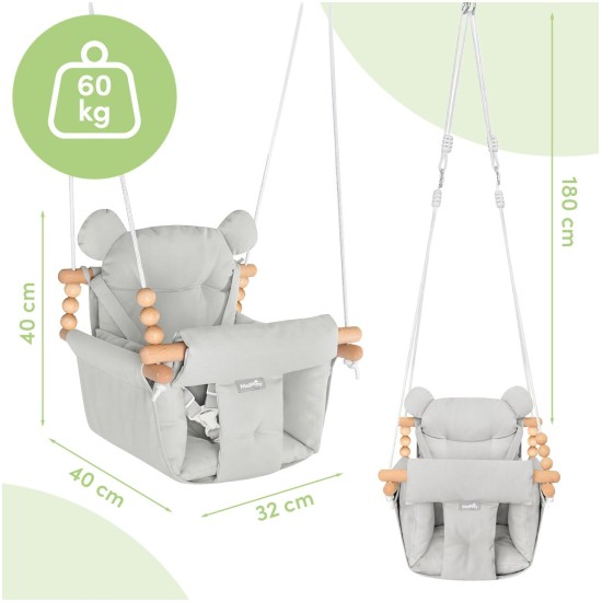 Vaikiškos medvilninės sūpynės su pagalvėlėmis ir dirželiais, 12-36 mėn., 60 kg, pilkos