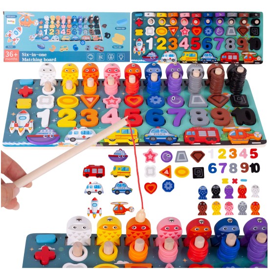 Montessori žaidimas 6 in 1 medinis, magnetinė žvejyba, skaičiavimo mokymuisi