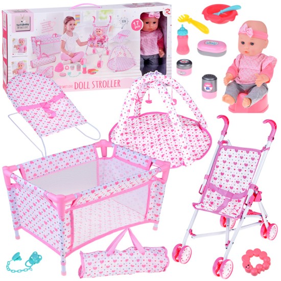 Deluxe rinkinys lėlė vežimėlis lovelė kilimėlis su priedais 17vnt.