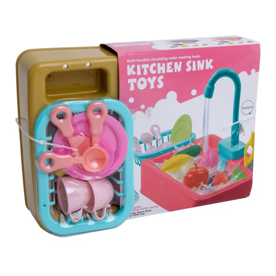 Žaislinė virtuvės kriauklė su priedais ir bėgančiu vandeniu Kitchen Sink, ruda