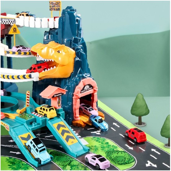 Dinozaurų automobilių trasa su garažu, 6 lygiais, liftais ir 4 automobiliais