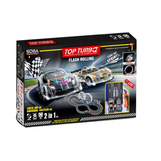 Elektrinė lenktynių trasa 600 cm, 2 automobiliai, šviečiančios kilpos, 1:43