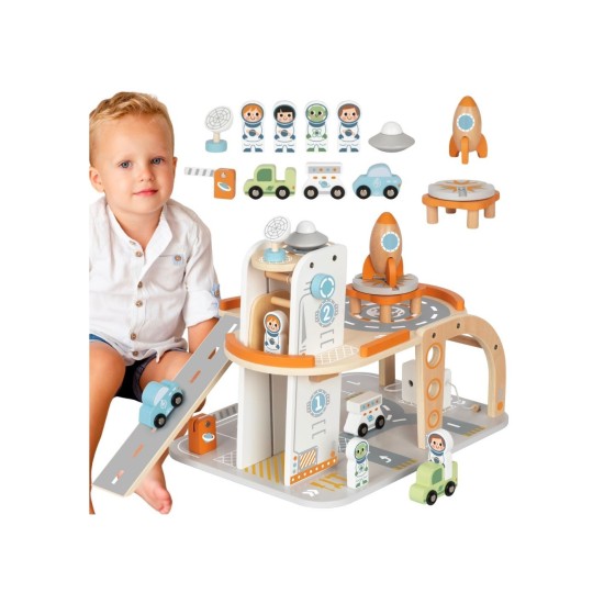 Medinė kosminė stotis – garažas su priedais Tooky Toy TJ903