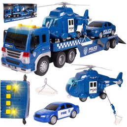 Policijos vilkikas su priekaba, sraigtasparniu ir automobiliu