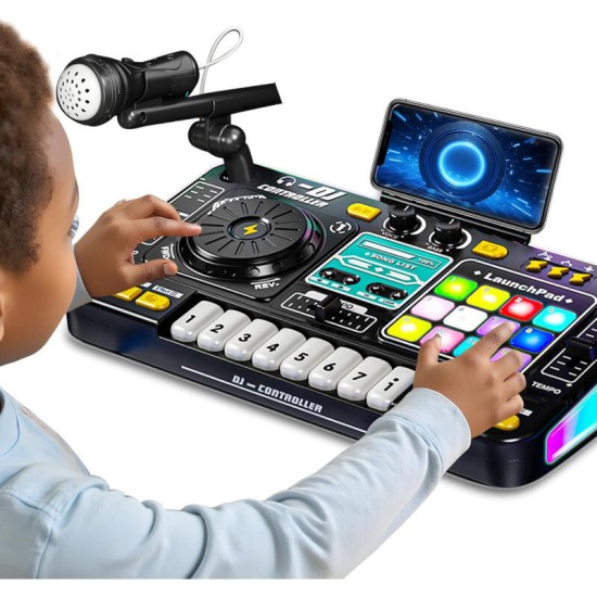 Vaikiškas DJ pultas su mikrofonu, pianino klaviatūra, Bluetooth ir DJ patefonu