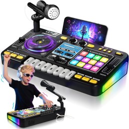 Vaikiškas DJ pultas su mikrofonu, pianino klaviatūra, Bluetooth ir DJ patefonu