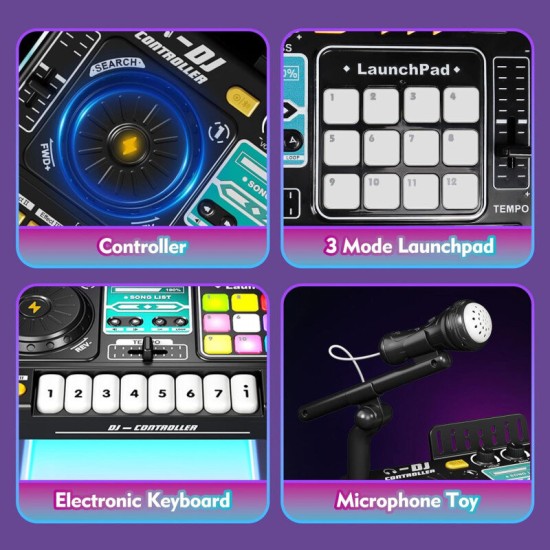 Vaikiškas DJ pultas su mikrofonu, pianino klaviatūra, Bluetooth ir DJ patefonu