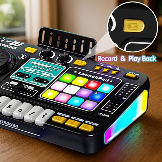 Vaikiškas DJ pultas su mikrofonu, pianino klaviatūra, Bluetooth ir DJ patefonu