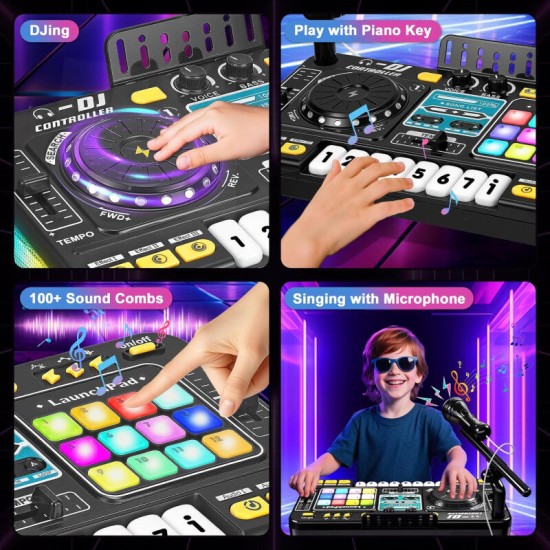 Vaikiškas DJ pultas su mikrofonu, pianino klaviatūra, Bluetooth ir DJ patefonu