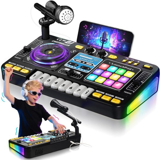 Vaikiškas DJ pultas su mikrofonu, pianino klaviatūra, Bluetooth ir DJ patefonu