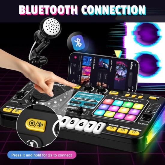 Vaikiškas DJ pultas su mikrofonu, pianino klaviatūra, Bluetooth ir DJ patefonu
