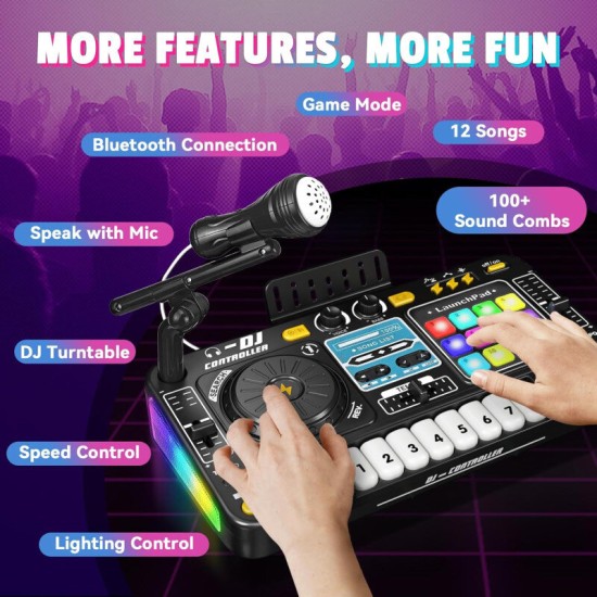 Vaikiškas DJ pultas su mikrofonu, pianino klaviatūra, Bluetooth ir DJ patefonu