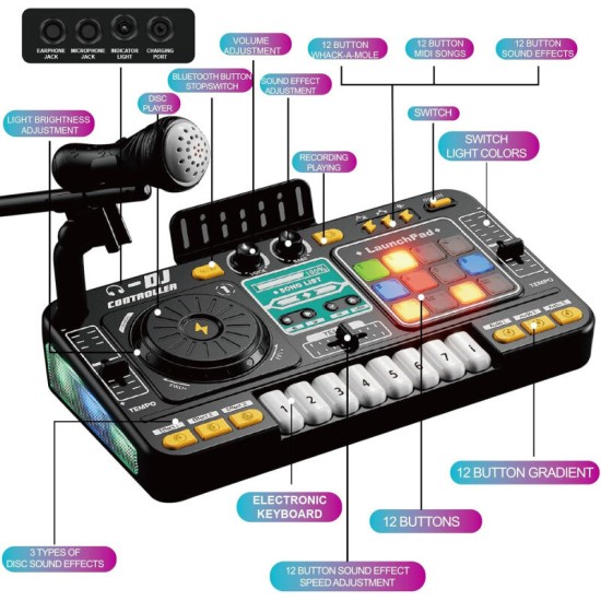 Vaikiškas DJ pultas su mikrofonu, pianino klaviatūra, Bluetooth ir DJ patefonu
