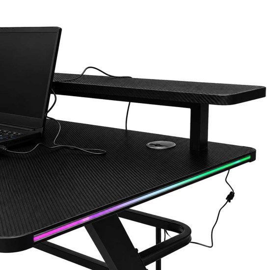 Žaidimų stalas su RGB LED praplėtimu ir kompiuterio laikikliais 120x60x70 cm juodas