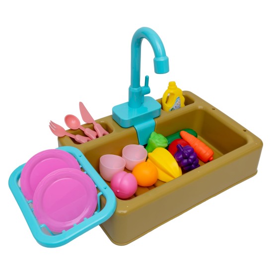 Žaislinė virtuvės kriauklė su priedais ir bėgančiu vandeniu Kitchen Sink, ruda