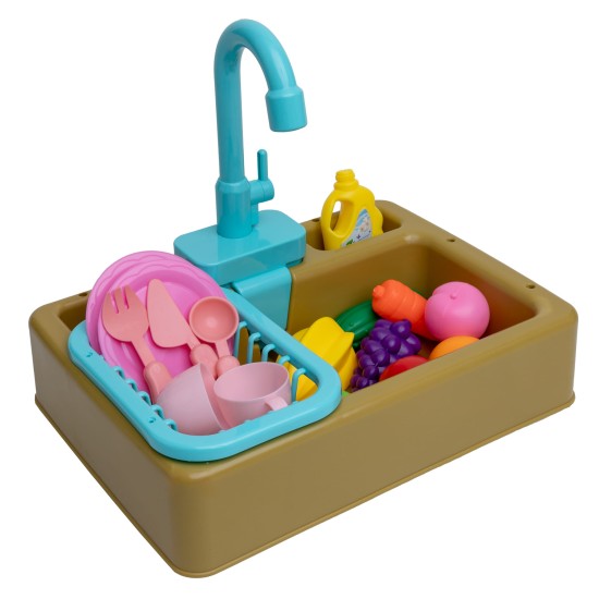 Žaislinė virtuvės kriauklė su priedais ir bėgančiu vandeniu Kitchen Sink, ruda