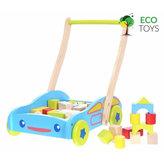 Ekologiškas medinis mėlynas ECO TOYS stumdukas su 40 kaladėlių