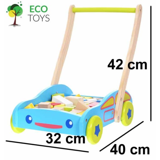Ekologiškas medinis mėlynas ECO TOYS stumdukas su 40 kaladėlių