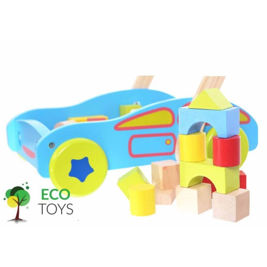 Ekologiškas medinis mėlynas ECO TOYS stumdukas su 40 kaladėlių