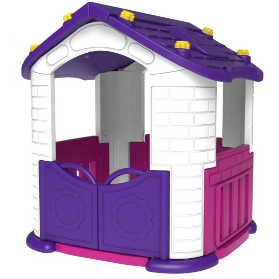 Plastikinis žaidimų namelis su violetiniu stogu