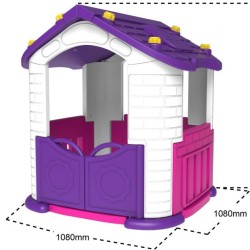 Plastikinis žaidimų namelis su violetiniu stogu