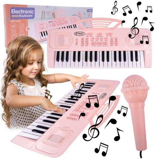 Vaikiškas pianinas su mikrofonu, 37 klavišai, rožinis