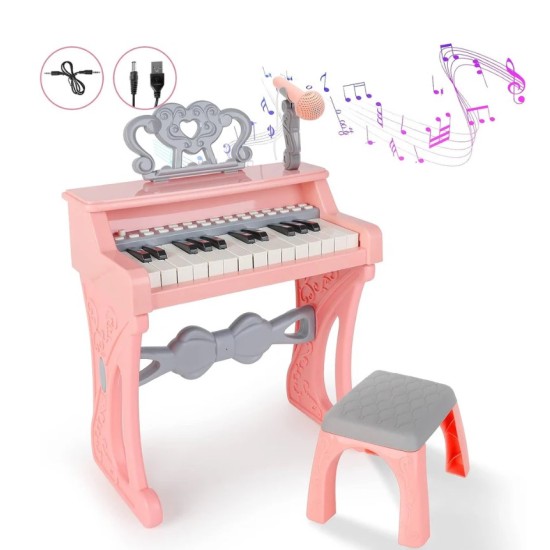 Elektrinis vaikiškas pianinas su mikrofonu ir kėdute, rožinės spalvos
