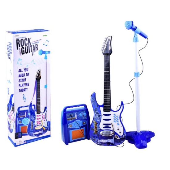 Žaislinė elektrinė gitara su stiprintuvu, mikrofonu ir MP3 jungtimi, mėlyna